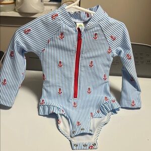 Little Me Blue and White Striped Swim One Piece with Red Accents